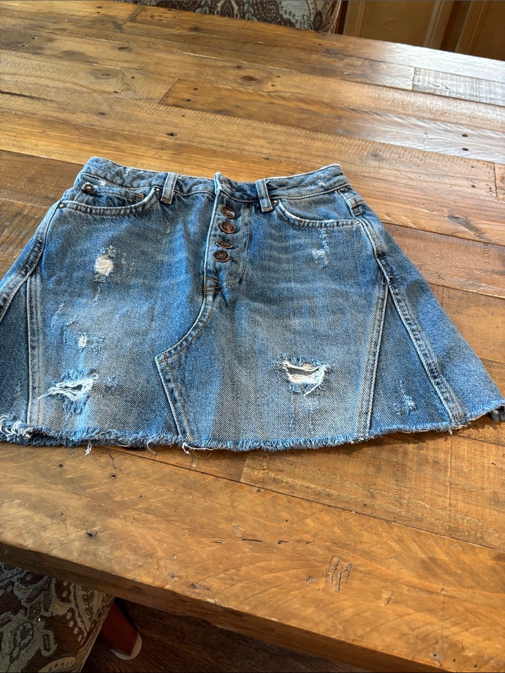 We The Free Blue Distressed Denim Circle Skirt